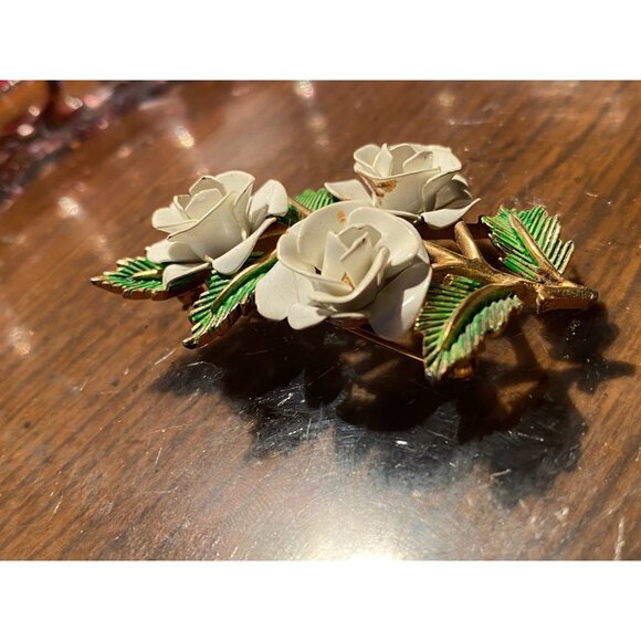 Signed TRIFARI Enamel Flower Brooch | Vintage White Rose and Green Leaf Pin | Co - Picture 4 of 4